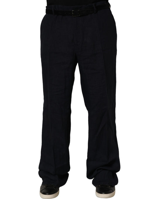 Dolce & Gabbana Black Linen Straight Leg Dress Trouser Pants