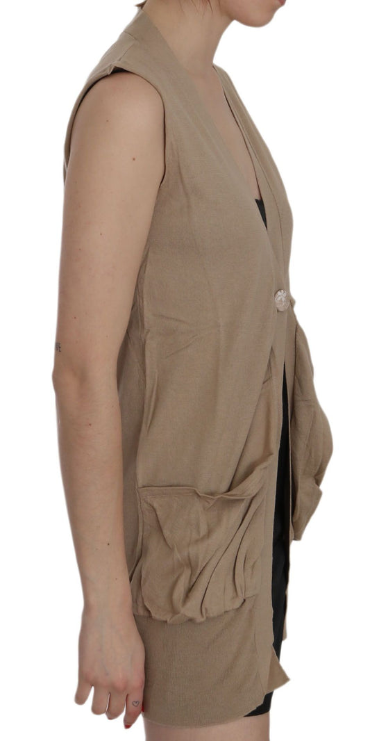PINK MEMORIES Brown 100% Cotton Sleeveless Cardigan Top Vest