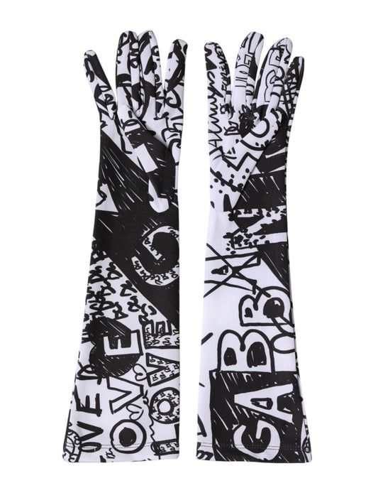 Dolce & Gabbana Gloves Black White DG Logo Elbow Length Mitten