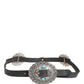 Cavalli Class Black Turquoise Leather Embellished Oval Buckle Belt