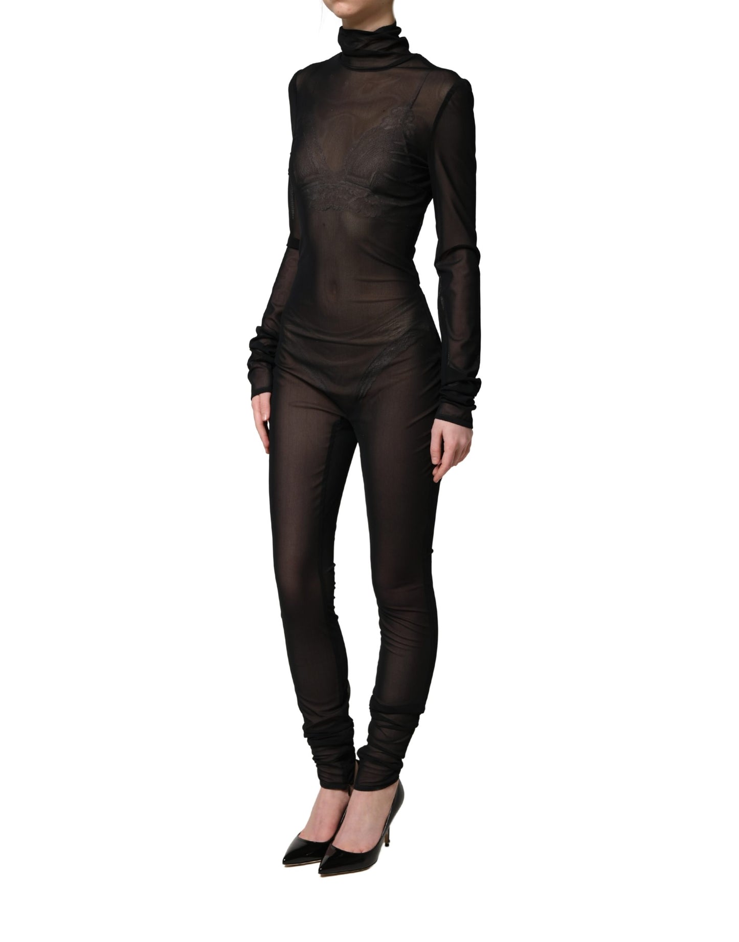 Dolce & Gabbana Black Nylon Sheer Turtleneck Jumpsuit Dress