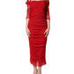 Dolce & Gabbana Red Cotton Ruched Stretch Tulle Midi Dress