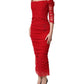 Dolce & Gabbana Red Cotton Ruched Stretch Tulle Midi Dress