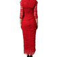 Dolce & Gabbana Red Cotton Ruched Stretch Tulle Midi Dress
