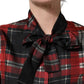 Dolce & Gabbana Red Black Plaid Silk Tie-Neck Blouse Top