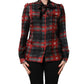 Dolce & Gabbana Red Black Plaid Silk Tie-Neck Blouse Top