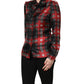 Dolce & Gabbana Red Black Plaid Silk Tie-Neck Blouse Top