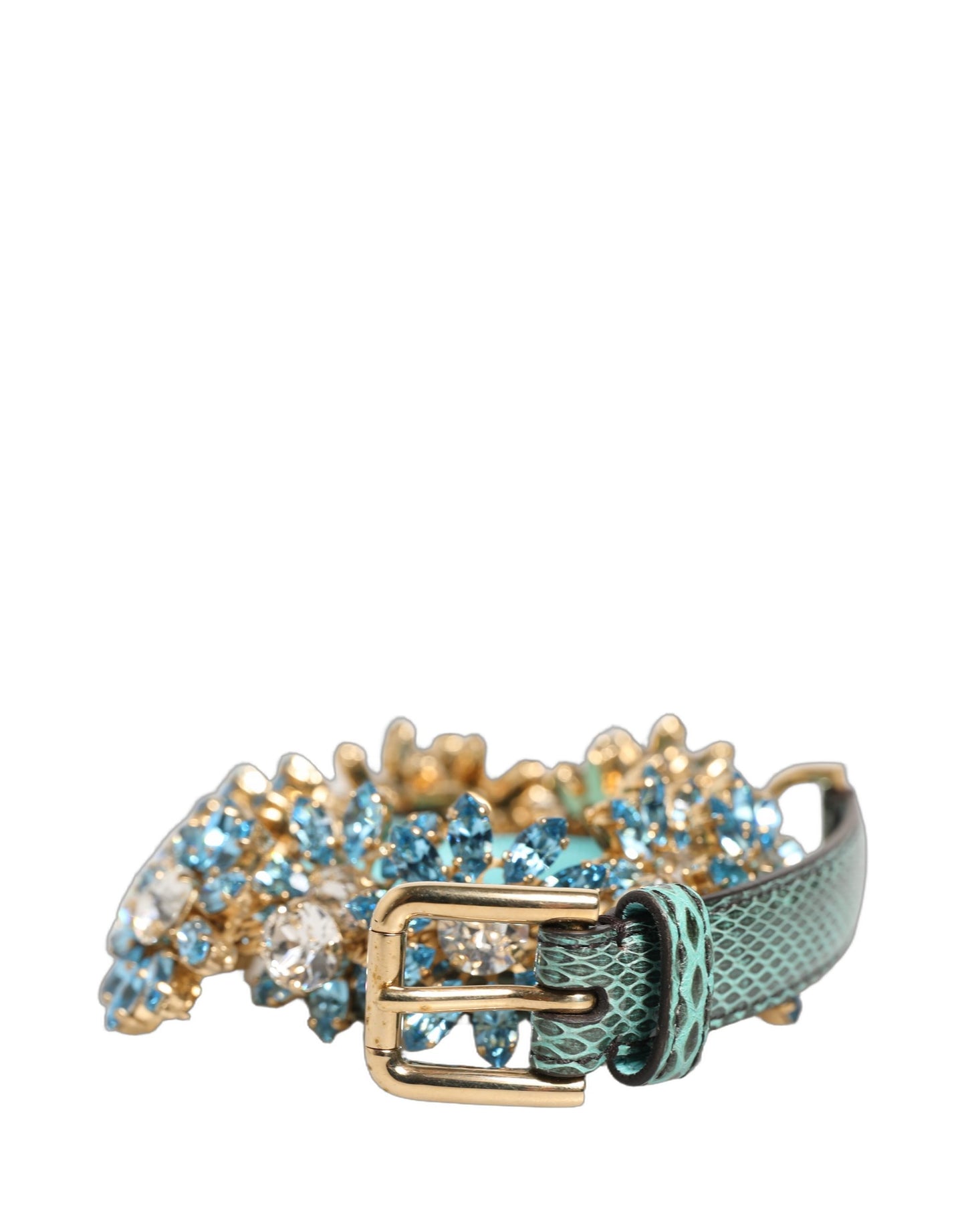Dolce & Gabbana Green Leather Daisy Crystal Embellished Waist Belt