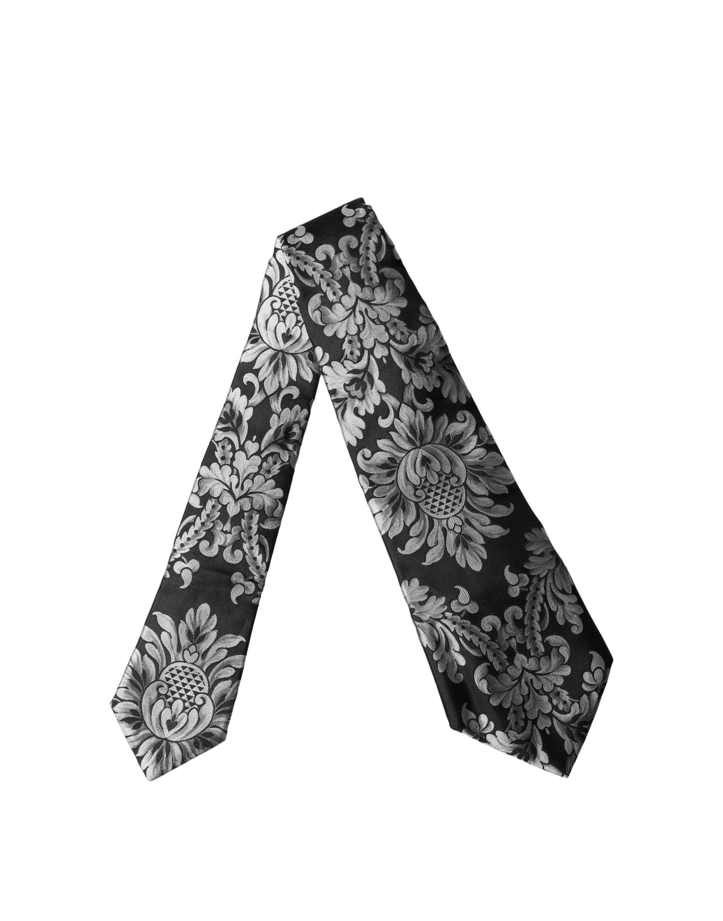 Dolce & Gabbana Black Silver Floral Silk Adjustable Women Necktie Tie