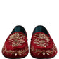 Dolce & Gabbana Red Velvet Floral Embroidery Loafers Shoes