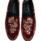 Dolce & Gabbana Red Velvet Floral Embroidery Loafers Shoes