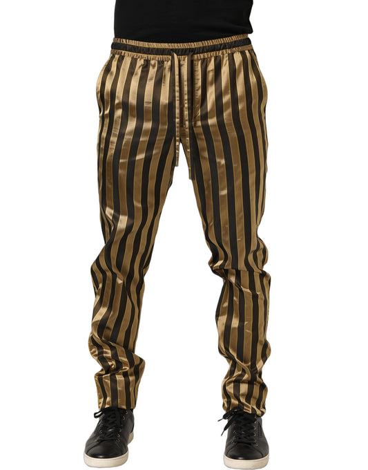 Dolce & Gabbana Gold Black Stripes Satin Tapered Leg Men Pants