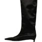 Dolce & Gabbana Black Satin Knee High Kitten Boots Shoes