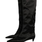 Dolce & Gabbana Black Satin Knee High Kitten Boots Shoes