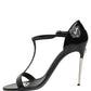 Dolce & Gabbana Black Leather T-strap Heels Sandals Shoes
