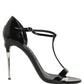 Dolce & Gabbana Black Leather T-strap Heels Sandals Shoes