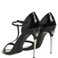 Dolce & Gabbana Black Leather T-strap Heels Sandals Shoes