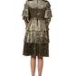 Dolce & Gabbana Metallic Gold Embellished Tiered Midi Dress