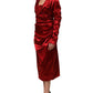 Dolce & Gabbana Red Silk Satin Draped Midi Floral Applique Dress