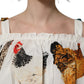 Dolce & Gabbana White Rooster Print Poplin Off The Shoulder Top