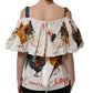 Dolce & Gabbana White Rooster Print Poplin Off The Shoulder Top
