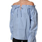 L'Autre Chose Light Blue Cotton Off Shoulder Long Sleeves Top