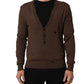 Dolce & Gabbana Brown Flax Buttoned V-neck Pullover Sweater