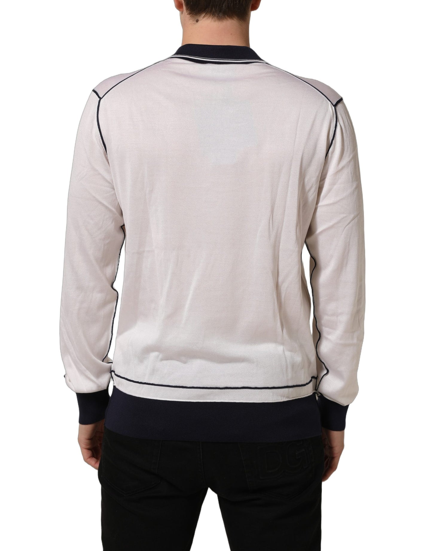 Dolce & Gabbana White Silk Collared Henley Pullover Sweater