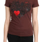 Exte Brown Hearts Printed Round Neck T-shirt Top