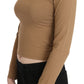 GF Ferre Brown Round Neck Long Sleeve Slim Crop Top Blouse