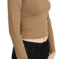 GF Ferre Brown Round Neck Long Sleeve Slim Crop Top Blouse