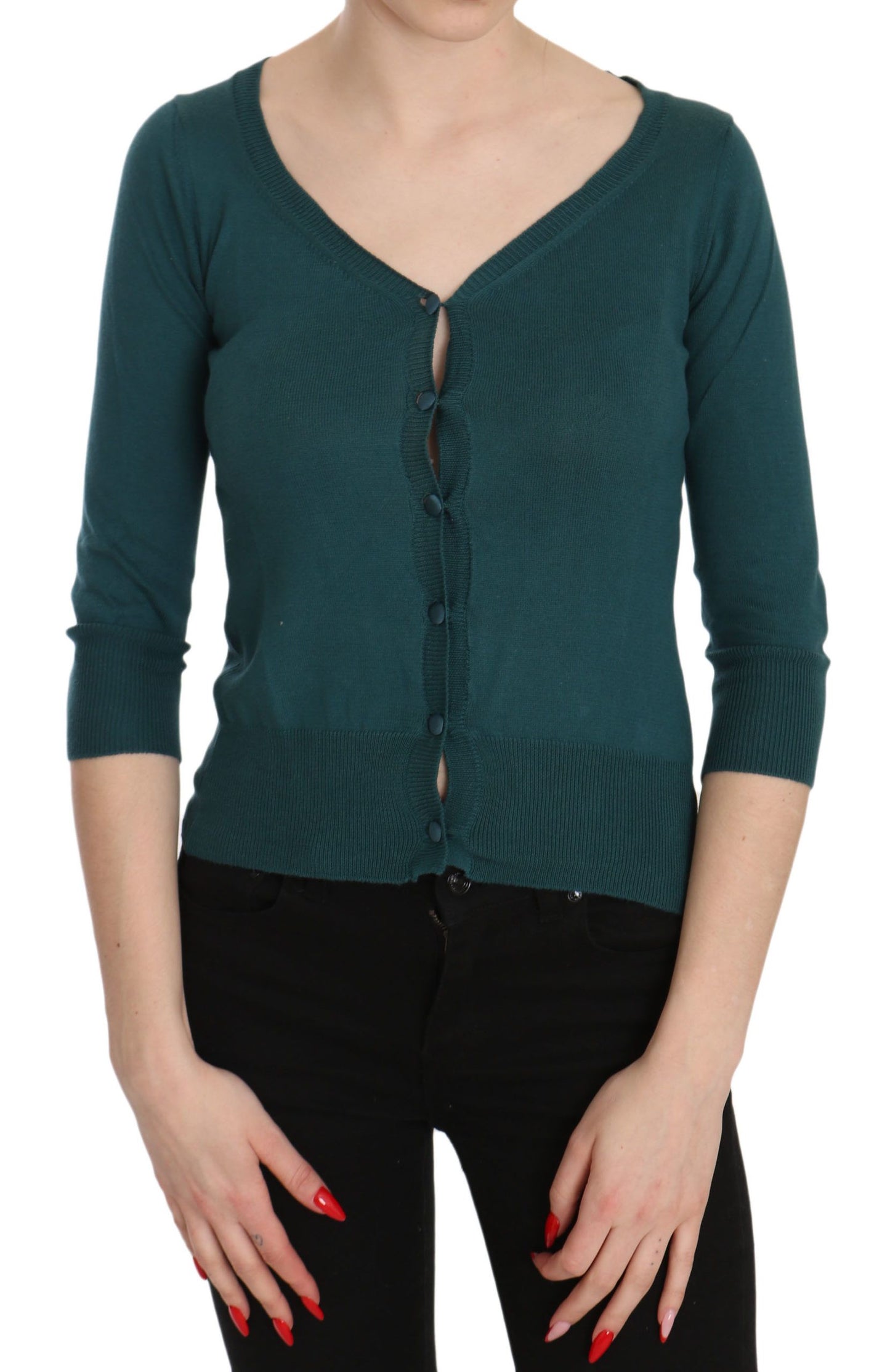 PINK MEMORIES Blue Green Cotton 3/4 Sleeve Cardigan Top Blouse
