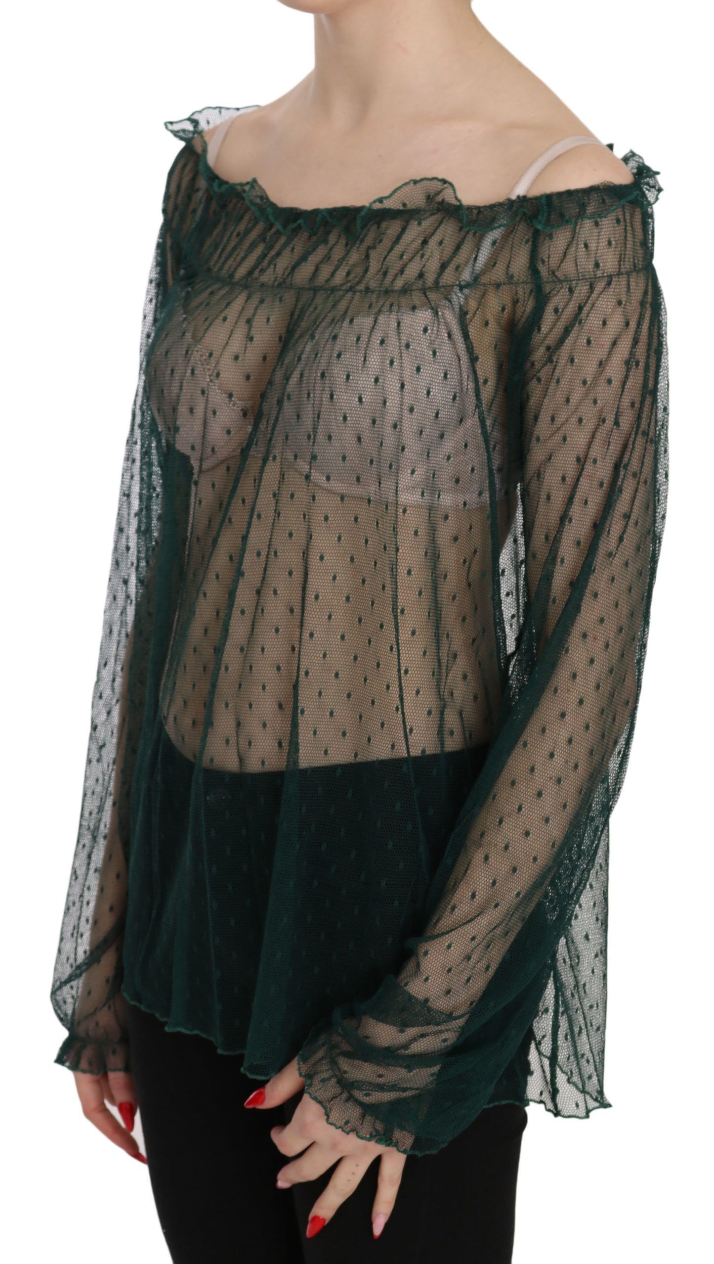 PINK MEMORIES Green Mesh See Through Long Sleeve Top Blouse