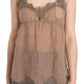PINK MEMORIES Brown Lace Spaghetti Strap Plunging Top Blouse