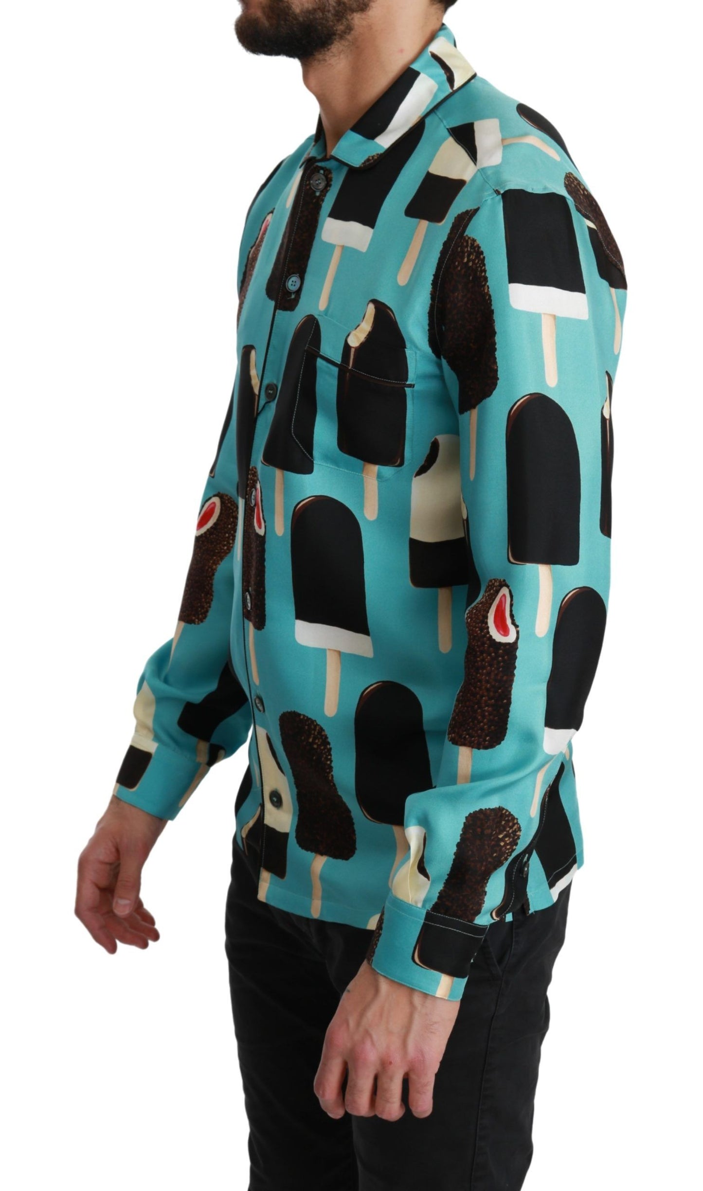 Dolce & Gabbana Blue Silk Ice Cream Print Casual Shirt