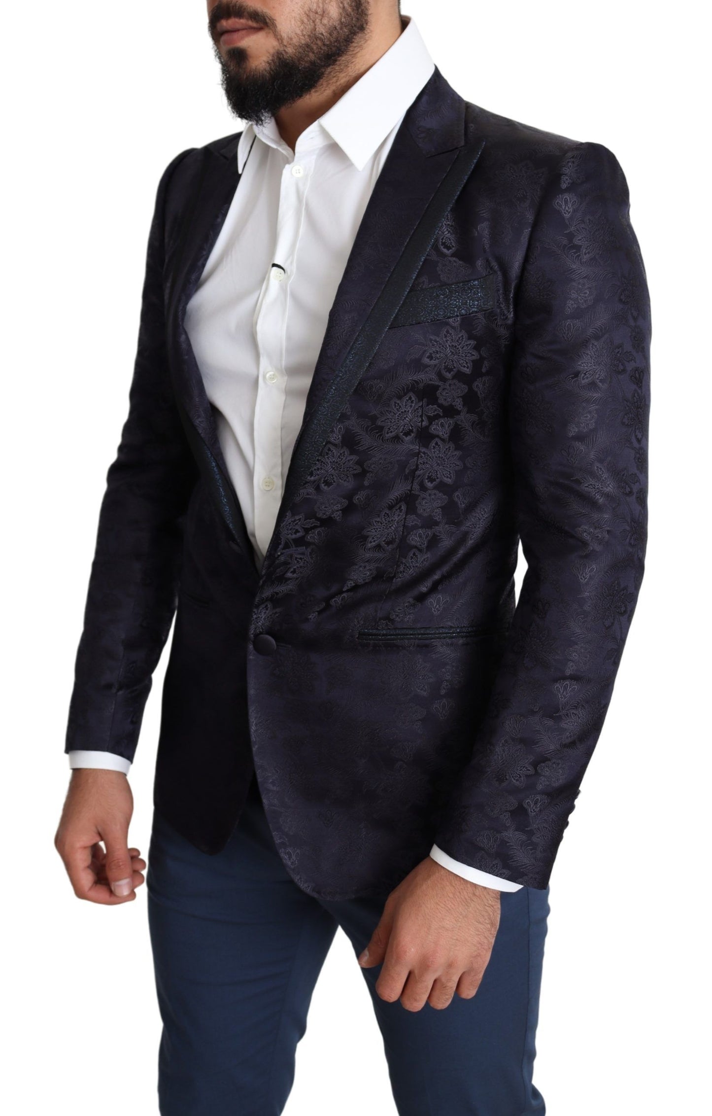 Dolce & Gabbana Blue Floral Jacquard Silk Coat MARTINI Blazer
