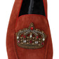 Dolce & Gabbana Orange Leather Crystal Crown  Loafers Shoes