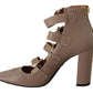 MY TWIN Brown Leather Block Heels Multi Buckle Pumps Shoes