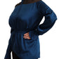 Masha Ma Blue Silk Long Sleeves Elastic Waist Top Blouse
