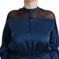 Masha Ma Blue Silk Long Sleeves Elastic Waist Top Blouse