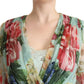 Dolce & Gabbana Green Floral Long Sleeves V-neck Midi Dress