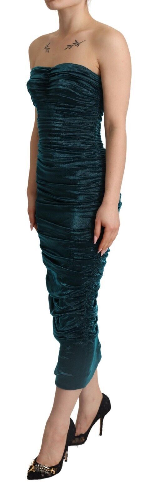 Dolce & Gabbana Turquoise Bustier Bodice Draped Midi Dress.