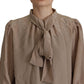 Dolce & Gabbana Brown Waistband Sleeves Ascot Collar Top Blouse