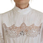 Dolce & Gabbana White Cotton Lace Trim Turtle Neck Blouse Top