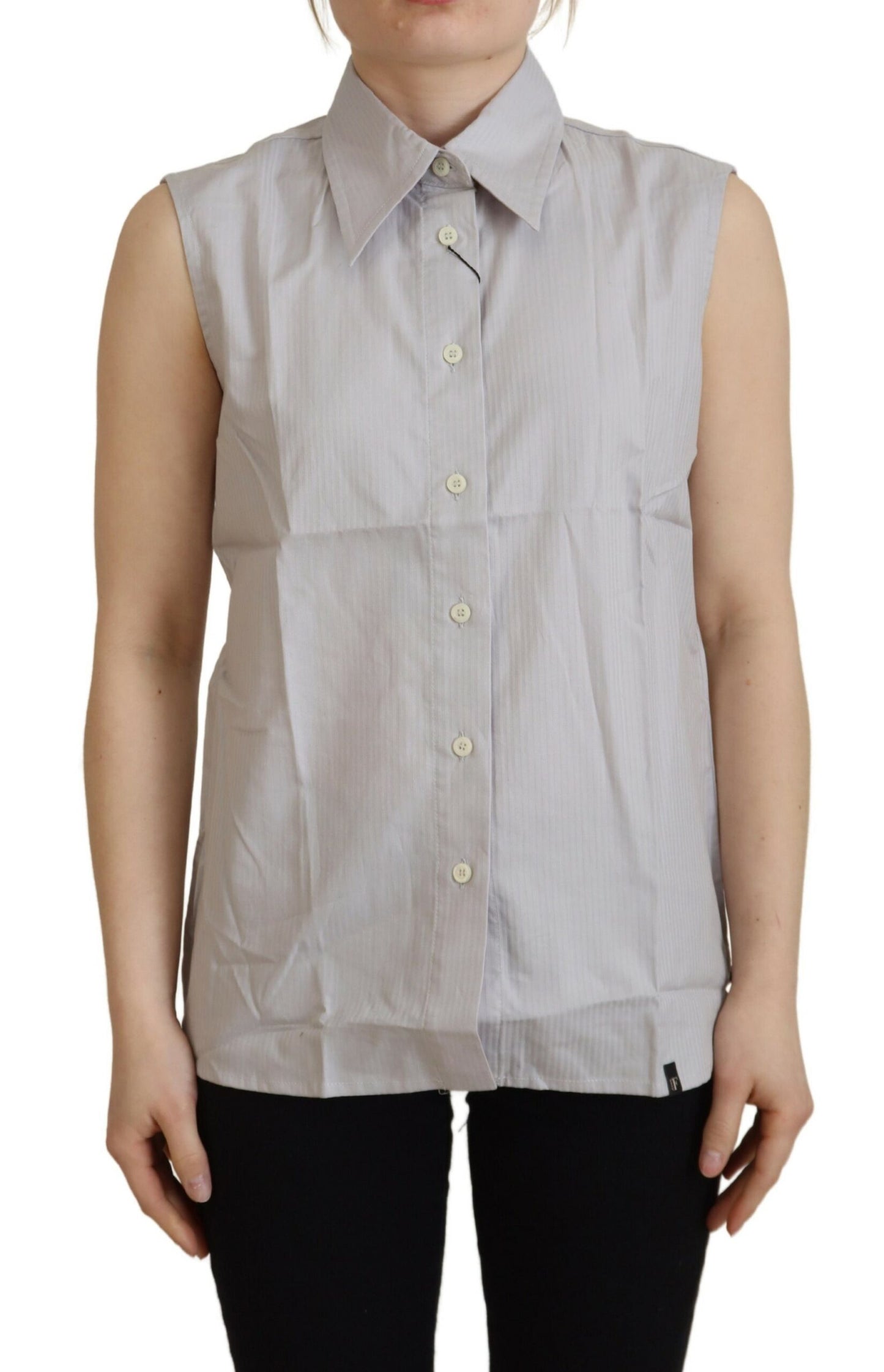 Ferre Light Gray Stripes Cotton Sleeveless Collared Top