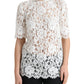 Dolce & Gabbana White Floral Lace Cotton Round Neck Blouse Top