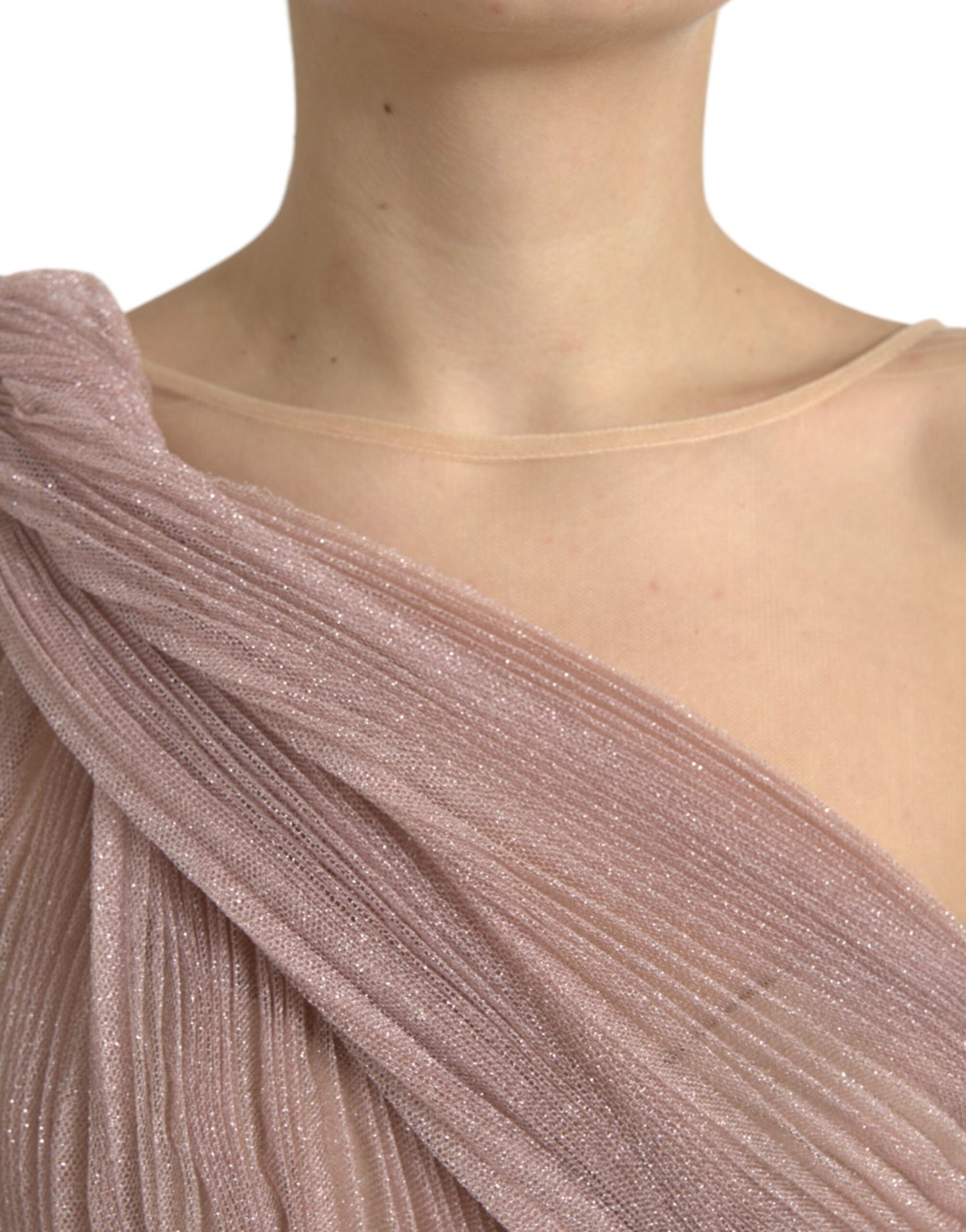 Dolce & Gabbana Light Lilac Pleated Lame Tulle One Shoulder Dress