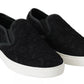 Dolce & Gabbana Black Lace Leather Logo Flat Slip-On Sneakers