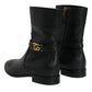 Dolce & Gabbana Black Leather Logo Mid Calf Boots Shoes