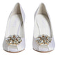 Dolce & Gabbana White Crystals Peep Toe Satin Pumps Shoes